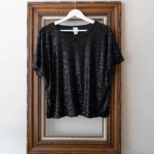 H&M Blouse Sz M Black Sequined Short Sleeve Lined Formal Oversized